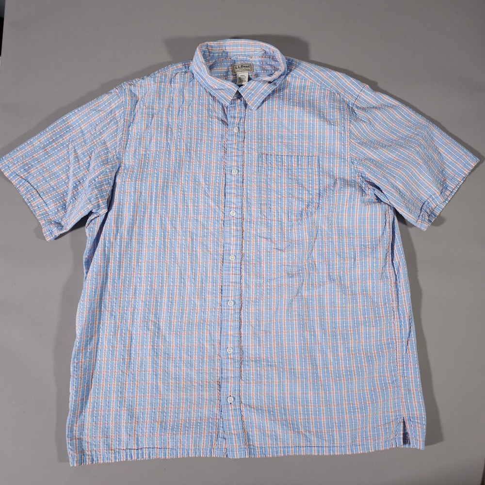 L.L. Bean Button Down Shirt Mens XL-Tall Blue Orange Plaid Short Sleeve Cotton